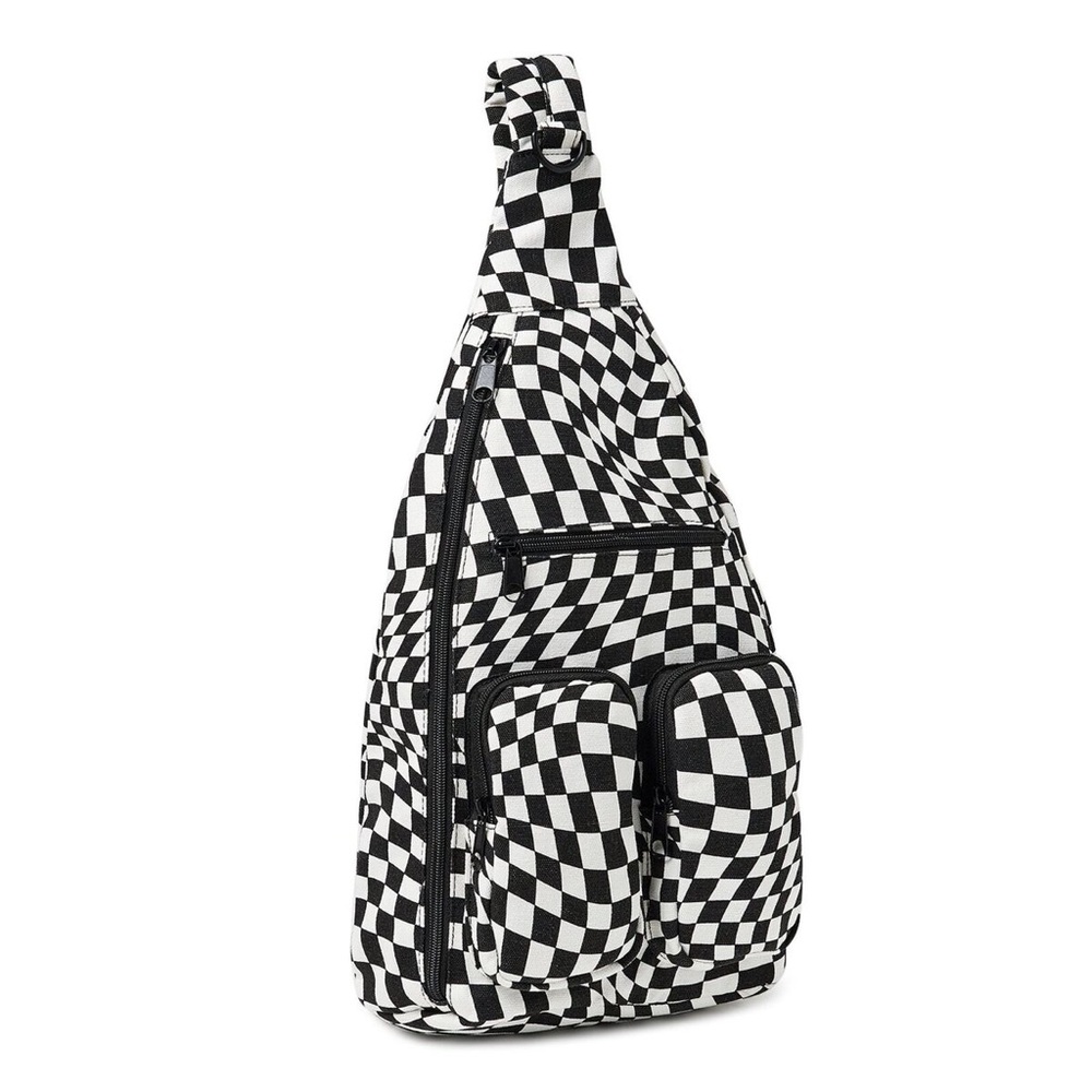 No Boundaries Women's Hands Free Cargo Sling Bag Blk/ Wht Checker Print